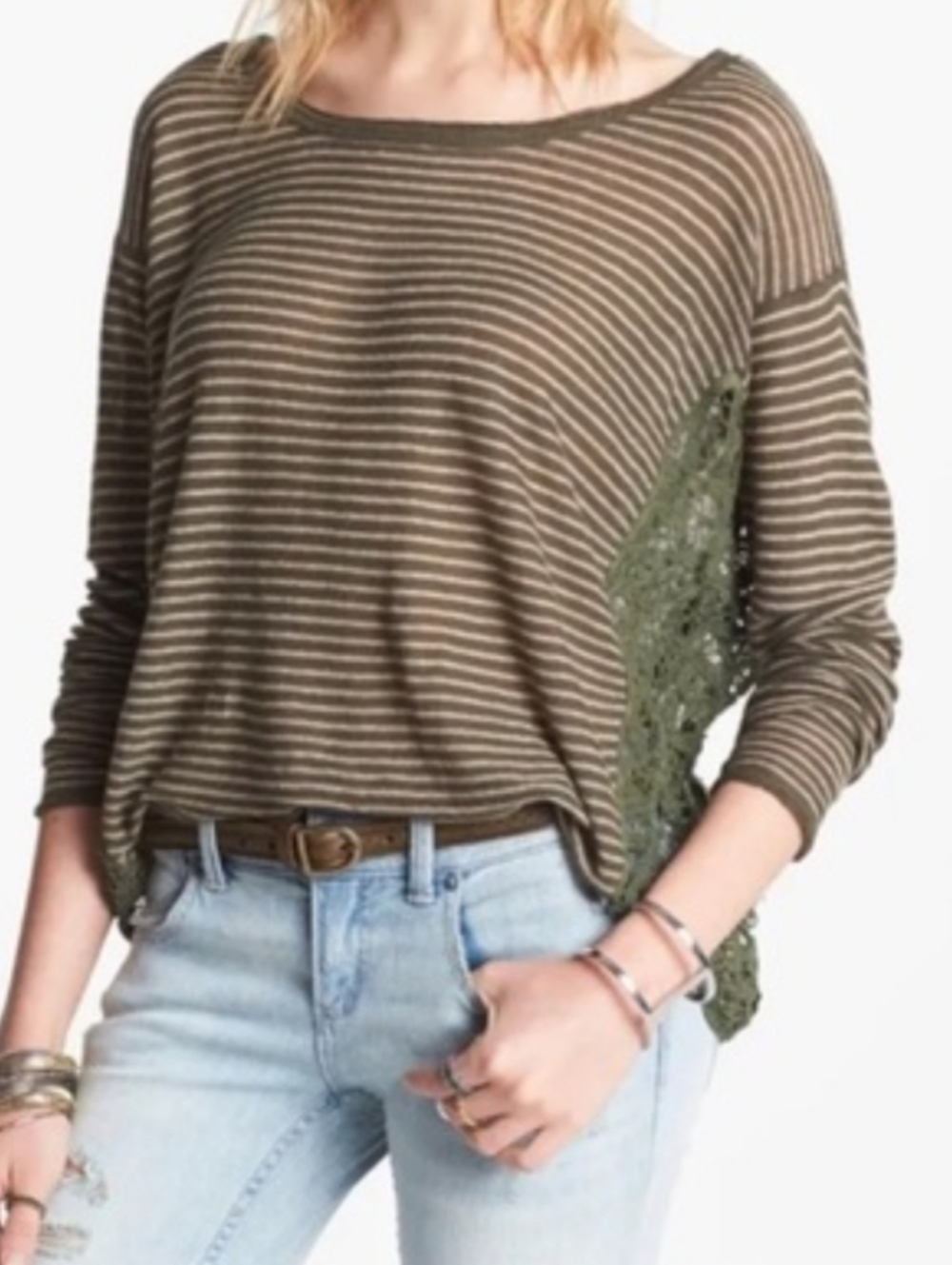 Free People Olive Green Love Me Do Stripe Pullover